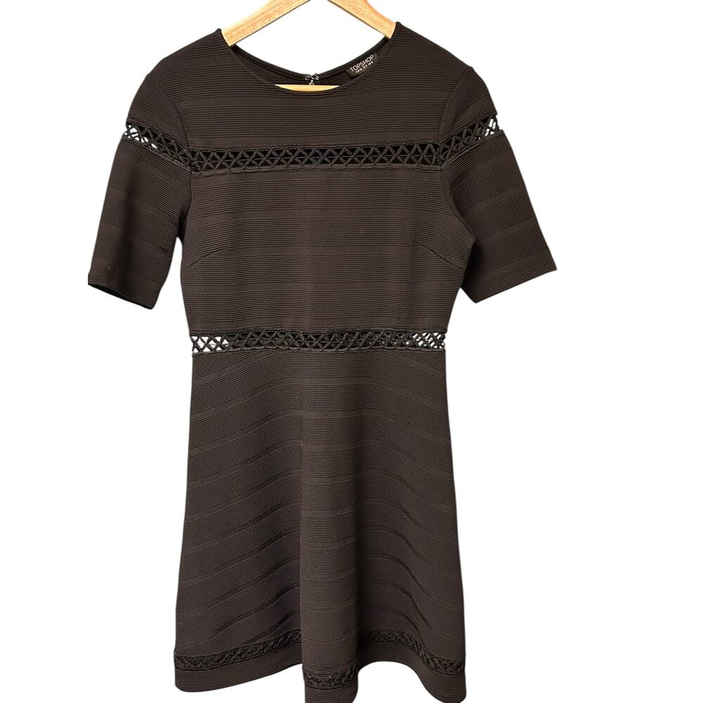 Topshop‎ Dress Women’s 8 Black Openwork A-Line Short Sleeve Zipper Mini Dress